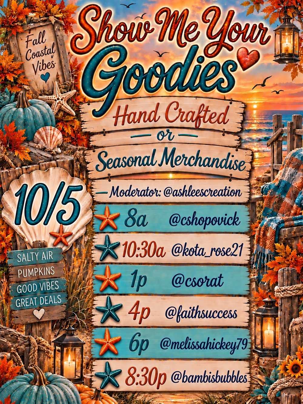 Show Me Your Goodies Hand Crafted or Seasonal Merchandise Mon 10/5, 8-10:30a EST